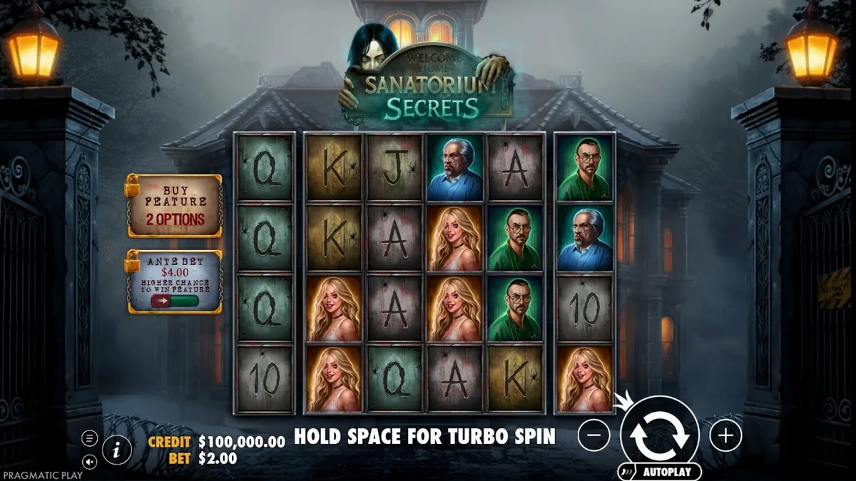 Interface do slot Sanatorium Secrets com atmosfera de terror psicológico