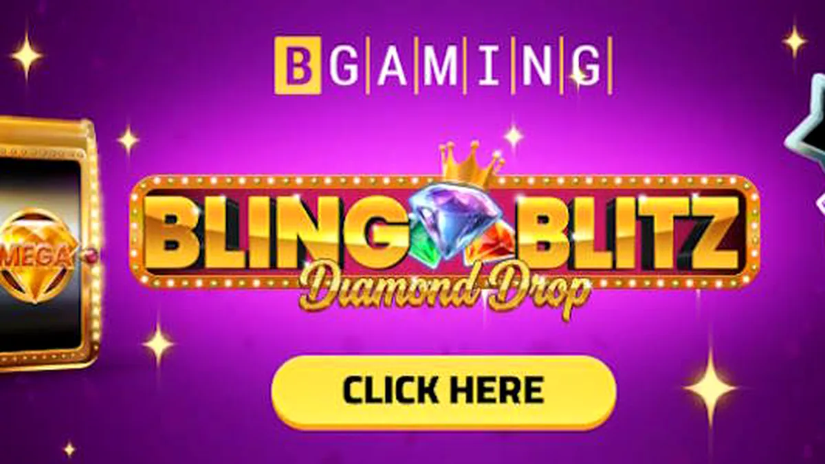Interface do jogo Bling Blitz Diamond Drop exibindo baús de diamante e elementos visuais metálicos.