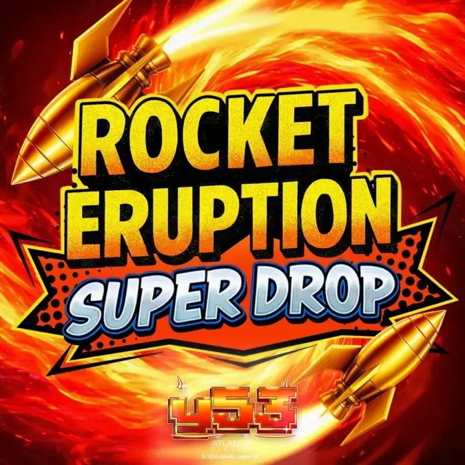 Interface do jogo Rocket Eruption Super Drop com temática vulcânica